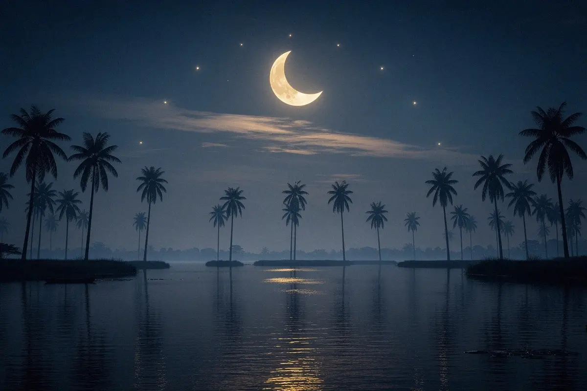 Lune croissante au-dessus d’une lagune bordée de palmiers au Bénin
